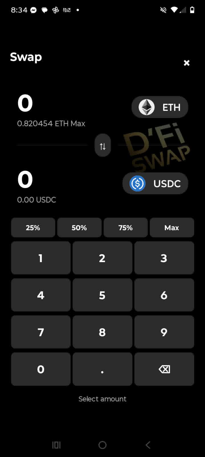 D'Fi Swap preview showing ETH and USDC token selection inside a gold phone
